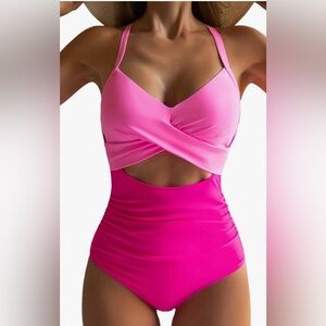 Pink One Piece Swimsuit Tummy Control Cutout High Waisted Pink Sz XL